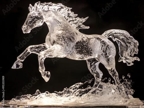 Crystal Clear Ice Sculpture of Galloping Horse on Black Background photo