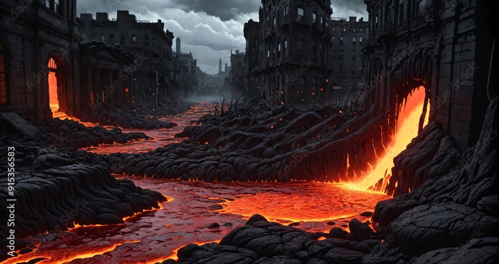 lava magma river flowing through destroyed city buildings in dark molten hellscape. post apocalyptic hell town ruins. lava magma river flowing through destroyed city buildings in dark molten hellscape. post apocalyptic hell town ruins.