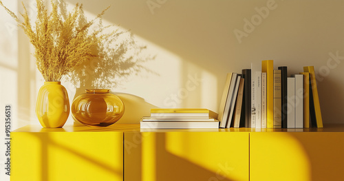Open space white wall with yellow cabinet with books and vase, natural light, close up shot, product photo