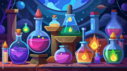 Colorful Potion Bottles on Witch’s Workbench
