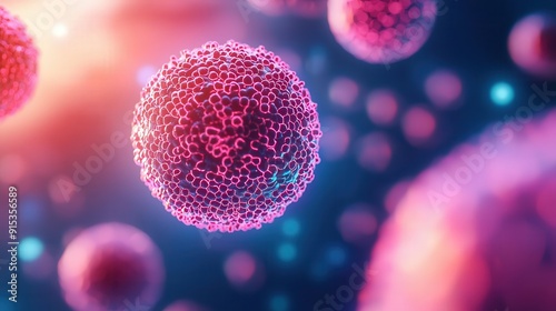 Breast cancer cell, neon 3D holography, futuristic cellular technology