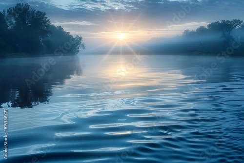 A tranquil river at dawn, soft light rays piercing morning mist, reflecting on calm waters with gentle ripples, creating a peaceful and dreamlike scene