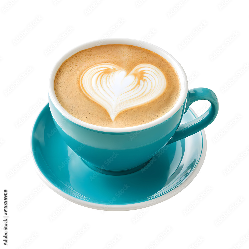 Isolated turquoise coffee cup with latte art Isolated turquoise coffee cup with latte art