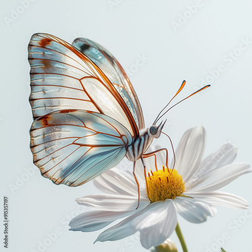 Delicate butterfly with transparent wings perched on a white flower.

 photo