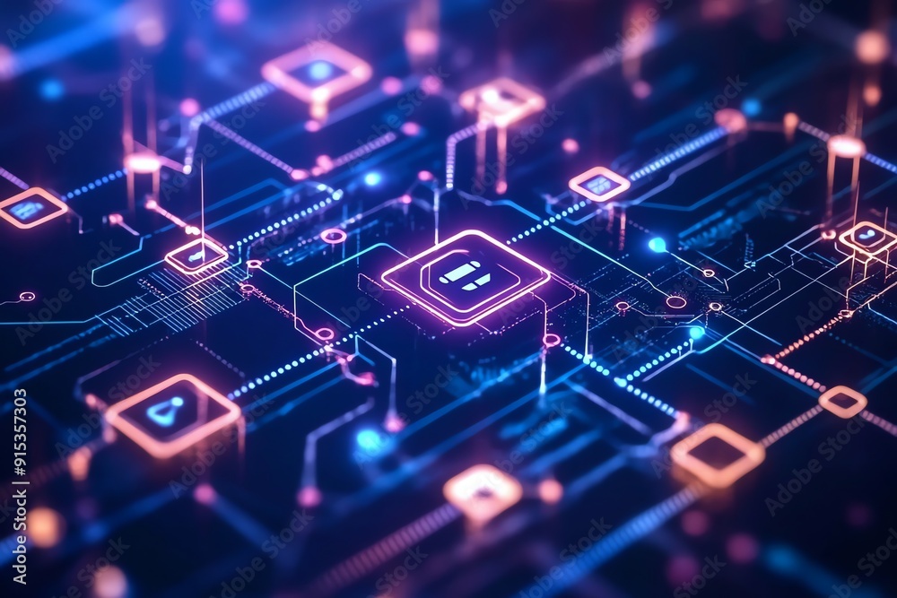 Abstract digital network with glowing icons. Abstract digital network with glowing icons.