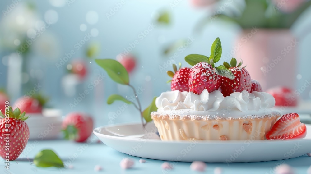 Strawberry jam-filled pastry on a delicate plate, surrounded by fresh strawberries and mint leaves. Strawberry jam-filled pastry on a delicate plate, surrounded by fresh strawberries and mint leaves.