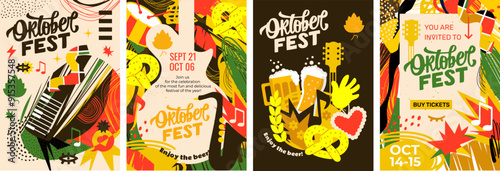 4 abstract posters for Oktoberfest! Fall colors, beer mugs, pretzels, musical instruments and lots of beer. A4 vector templates perfect for promoting this event.