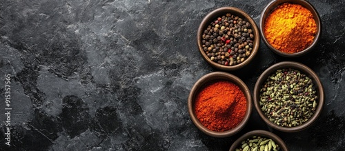 Assorted spices in bowls on...