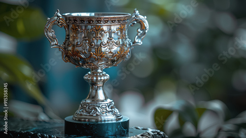 Vintage silver trophy cup with intricate engravings, displayed on a dark background.

 photo