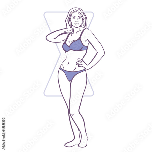 Woman with an hourglass body shape posing confidently in a bikini against a minimalist background