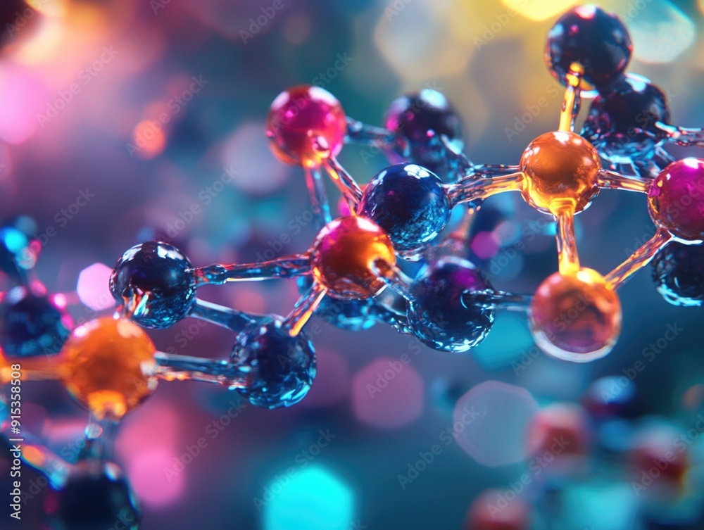 Colorful Molecular Structure Abstract Background with Bokeh Lights in Science Concept Colorful Molecular Structure Abstract Background with Bokeh Lights in Science Concept