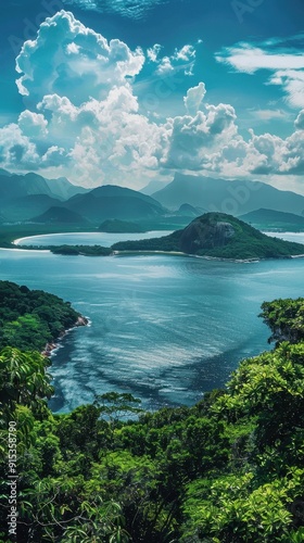 A stunning landscape showcasing the serene beauty of mountains, islands, and lush greenery under a vibrant sky.