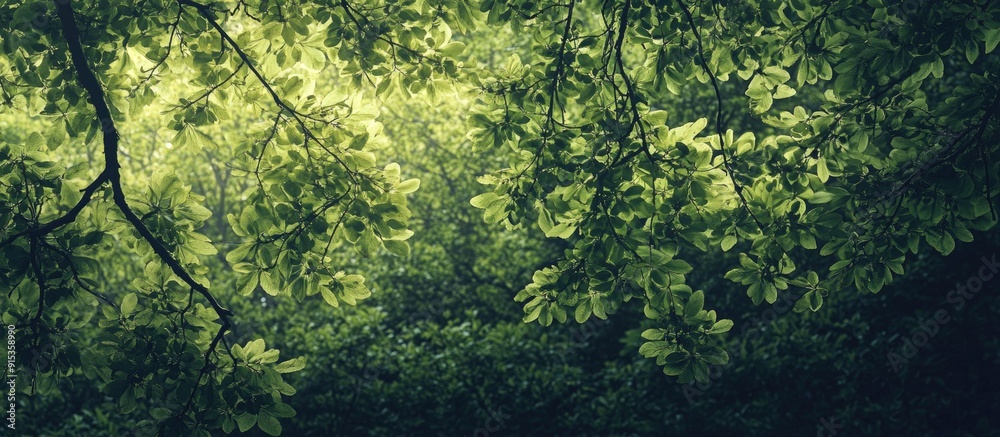 Obraz premium Green tree branches in a summer woodland Botanical backdrop. with copy space image. Place for adding text or design