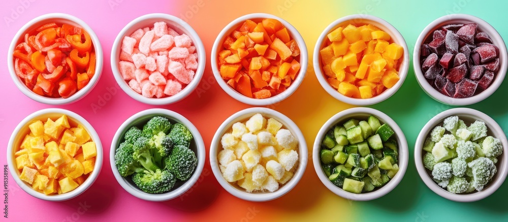 Bowls of frozen vegetables on a colorful background. with copy space image. Place for adding text or design Bowls of frozen vegetables on a colorful background. with copy space image. Place for adding text or design