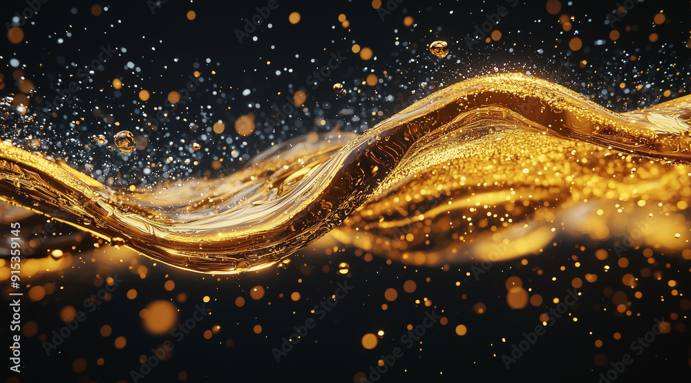 Golden liquid splash in motion with shimmering particles on a dark background.
Golden liquid splash in motion with shimmering particles on a dark background.