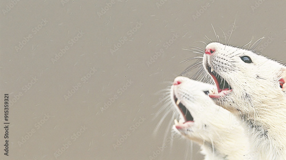 Fototapeta premium This image captures two white mice with their mouths open as if squeaking or communicating, against a neutral background, highlighting their delicate features and whiskers.