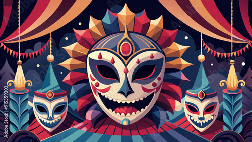 Frightening Circus Masks with Tent Background
