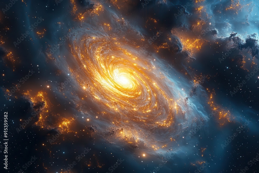 mesmerizing golden spiral pattern emerging from a cosmic nebula sacred geometry and fractal elements blend with swirling star clusters