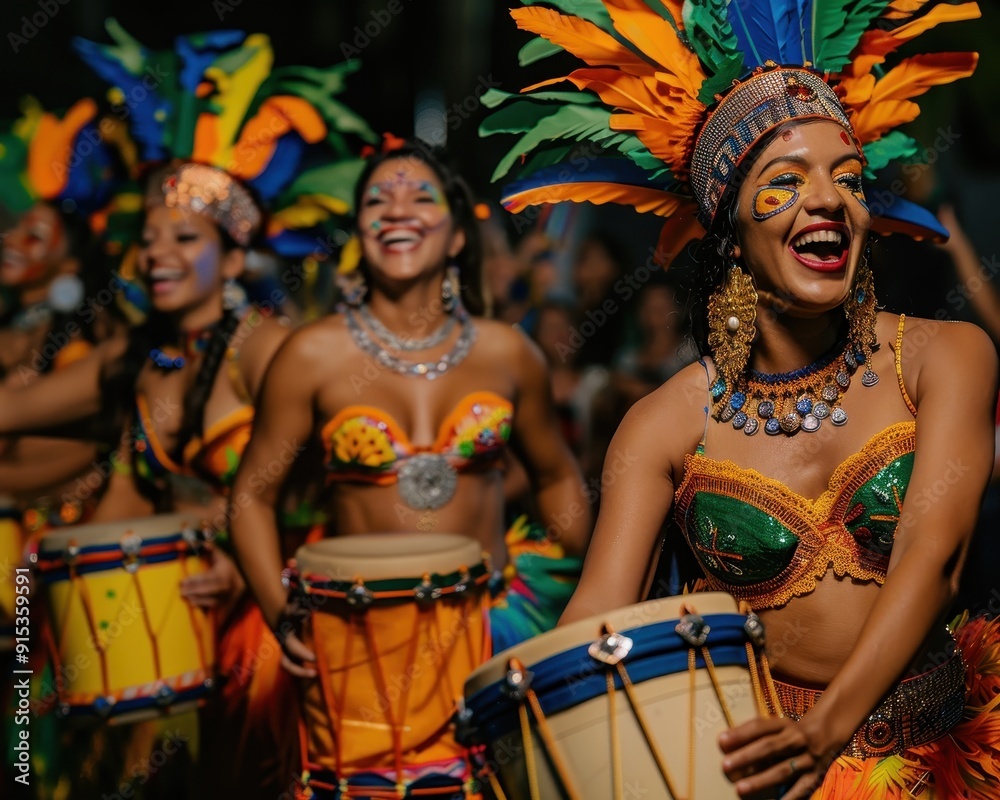 Colorful dancers celebrate with drums at a vibrant festival, showcasing traditional attire and joyful expressions under festive lights. Colorful dancers celebrate with drums at a vibrant festival, showcasing traditional attire and joyful expressions under festive lights.