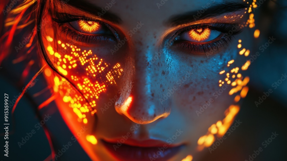 Woman showing futuristic microchip implant glowing under skin Woman showing futuristic microchip implant glowing under skin