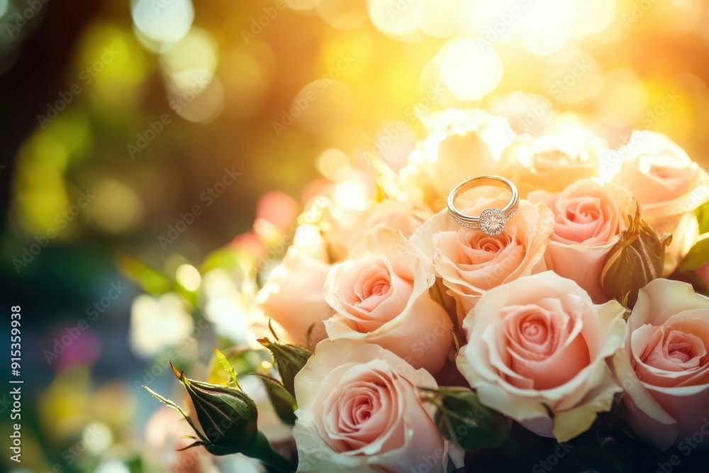 A stunning arrangement of pink roses highlights a beautiful engagement ring, glistening in the warm sunlight of a late afternoon garden A stunning arrangement of pink roses highlights a beautiful engagement ring, glistening in the warm sunlight of a late afternoon garden