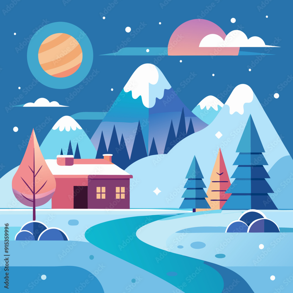 Naklejka premium Vector winter landscape illustration in a flat style. Background for banners, greeting cards, posters, and advertising. Happy New Year and Christmas holidays