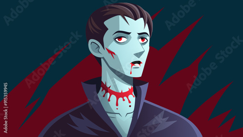 Vampire with Blood on Neck Against Dark Red Background