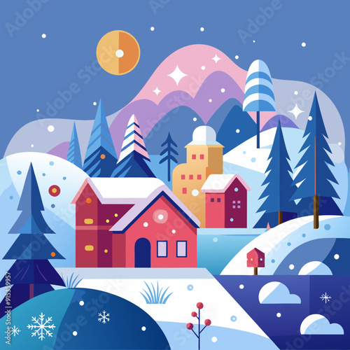 Vector winter landscape illustration in a flat style. Background for banners, greeting cards, posters, and advertising. Happy New Year and Christmas holidays