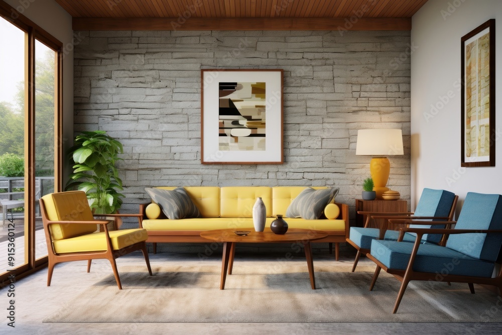 Fototapeta premium Mid century modern living room architecture furniture building.