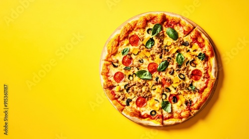 A freshly made pizza topped with pepperoni, vegetables, and vibrant herbs sits invitingly on a bright yellow surface