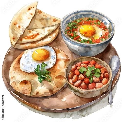 Watercolor of Egyptian Breakfast : Egyptian breakfast includes ful (seasoned beans) and pita bread, breakfast set.