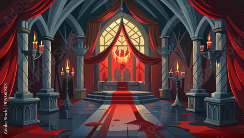 Haunted Gothic Church Interior with Red Drapes and Candelabras