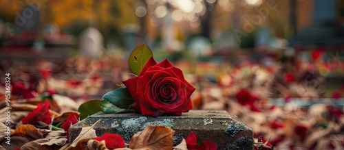 Rose placed on a grave in a churchyard copy space
