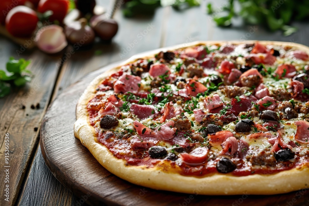 A freshly baked pizza with an array of toppings sits invitingly on a rustic wooden board, surrounded by fresh ingredients in a warm kitchen atmosphere A freshly baked pizza with an array of toppings sits invitingly on a rustic wooden board, surrounded by fresh ingredients in a warm kitchen atmosphere