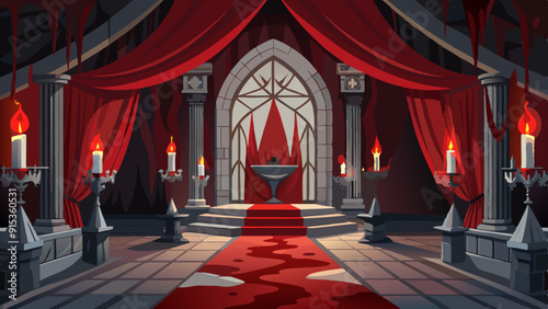 Gothic Castle Interior with Red Drapes and Candles