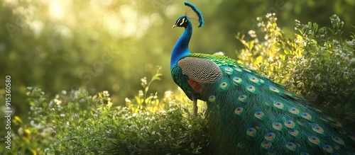 Peacock next to the bush. w...