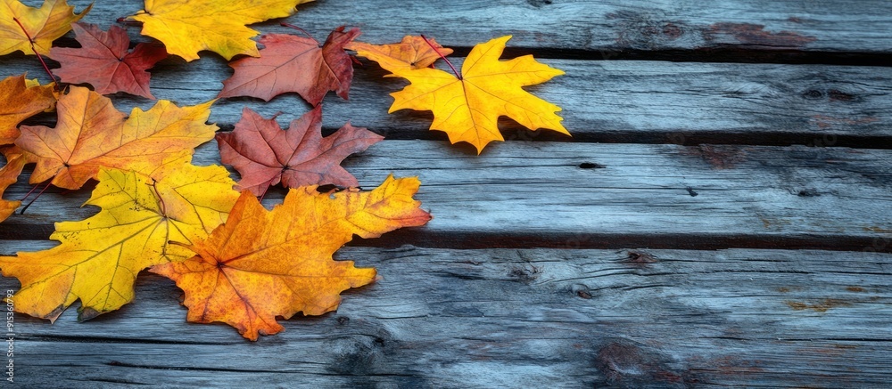Autumn background featuring yellow maple leaves on a rustic wood surface with copy space Autumn background featuring yellow maple leaves on a rustic wood surface with copy space