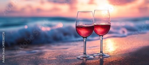 Wine glasses at sunset on a...