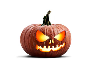A single lit spooky halloween carved pumpkin, Jack O Lantern with evil face and eyes isolated against a transparent background looking to the right.