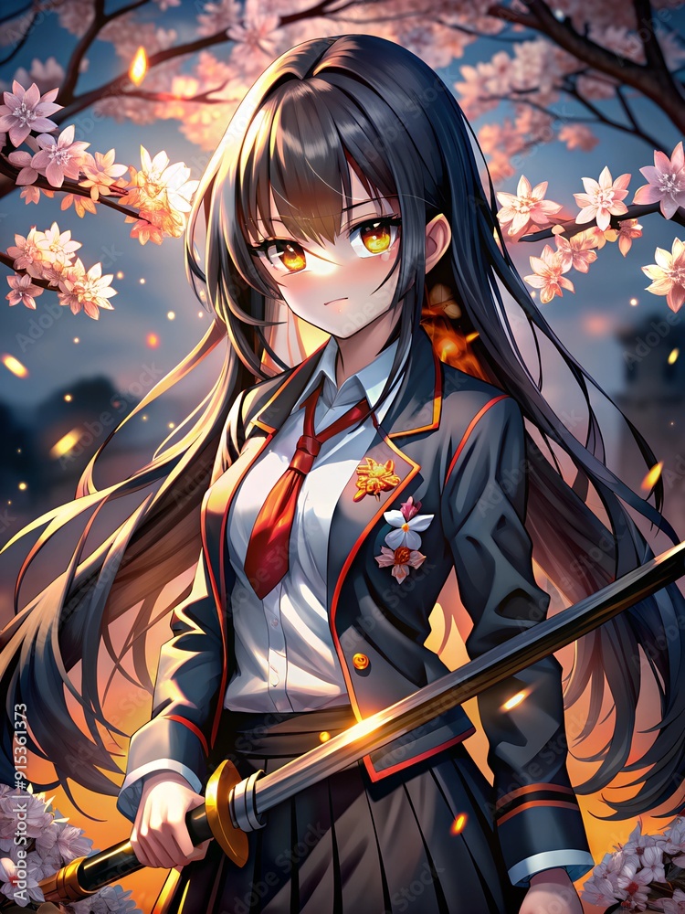 Cute beautiful samurai anime style girl, with sword in hand and long hair and in school uniform