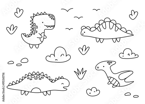 Children dinosaurs set. Dino doodle characters, children jurassic park animals in doodle style. Funny Kids Drawings. Prehistoric monsters and plants vector set