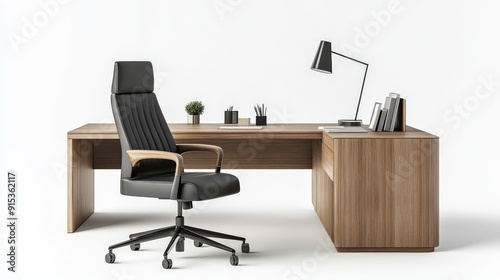 Modern Wooden Desk with Black Leather Office Chair