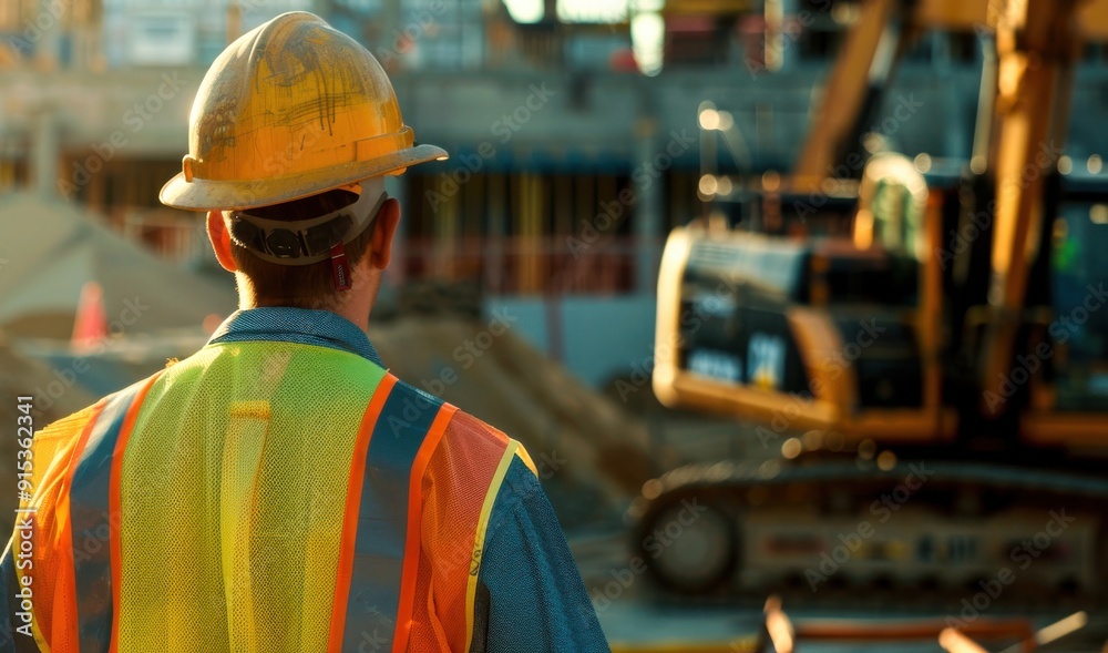 As the sun sets, a construction worker watches heavy machinery operate diligently, surrounded by the buzz of a growing city As the sun sets, a construction worker watches heavy machinery operate diligently, surrounded by the buzz of a growing city
