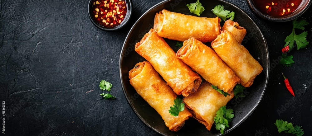 Crispy fried potato rolls with chili honey. with copy space image. Place for adding text or design Crispy fried potato rolls with chili honey. with copy space image. Place for adding text or design