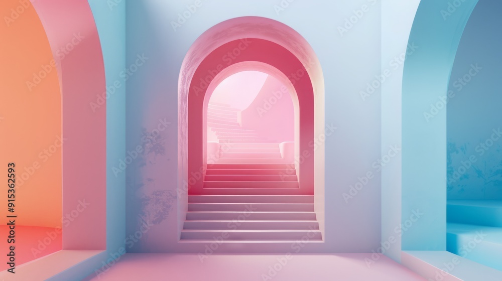 A whimsical abstract archway leading to a stairway in a pastel pink, blue, and orange room. A whimsical abstract archway leading to a stairway in a pastel pink, blue, and orange room.