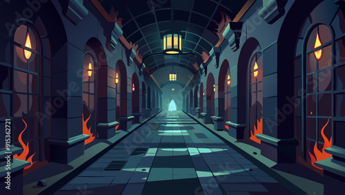 Dark Dungeon Corridor with Flickering Torches and Distant Light