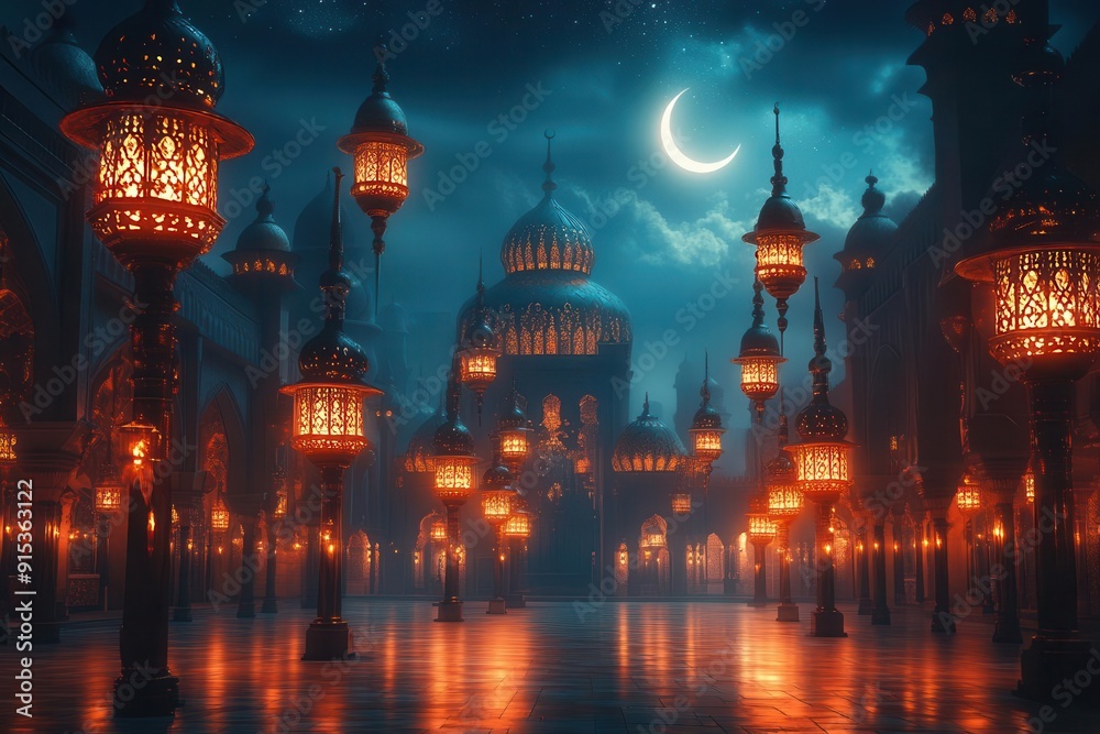 moonlit mosque silhouette intricate islamic patterns glowing lanterns crescent moon starry night sky ramadan celebration spiritual ambiance moonlit mosque silhouette intricate islamic patterns glowing lanterns crescent moon starry night sky ramadan celebration spiritual ambiance