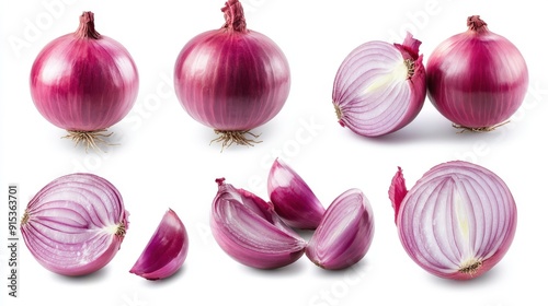 Red Onions, Whole and Sliced, Isolated on White Background