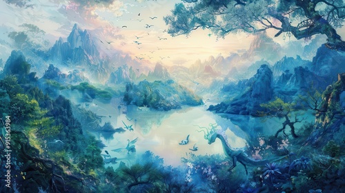 Craft a serene landscape with mystical creatures seen from above, blending fantasy elements with soft, pastel hues in an Impressionist portrayal