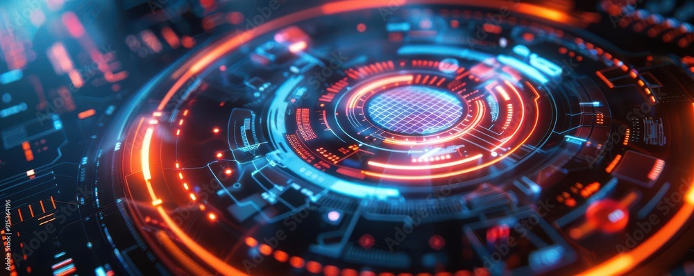 Create a close-up shot of a futuristic holographic display with minimalist design elements, capturing it from an unusual top-down angle